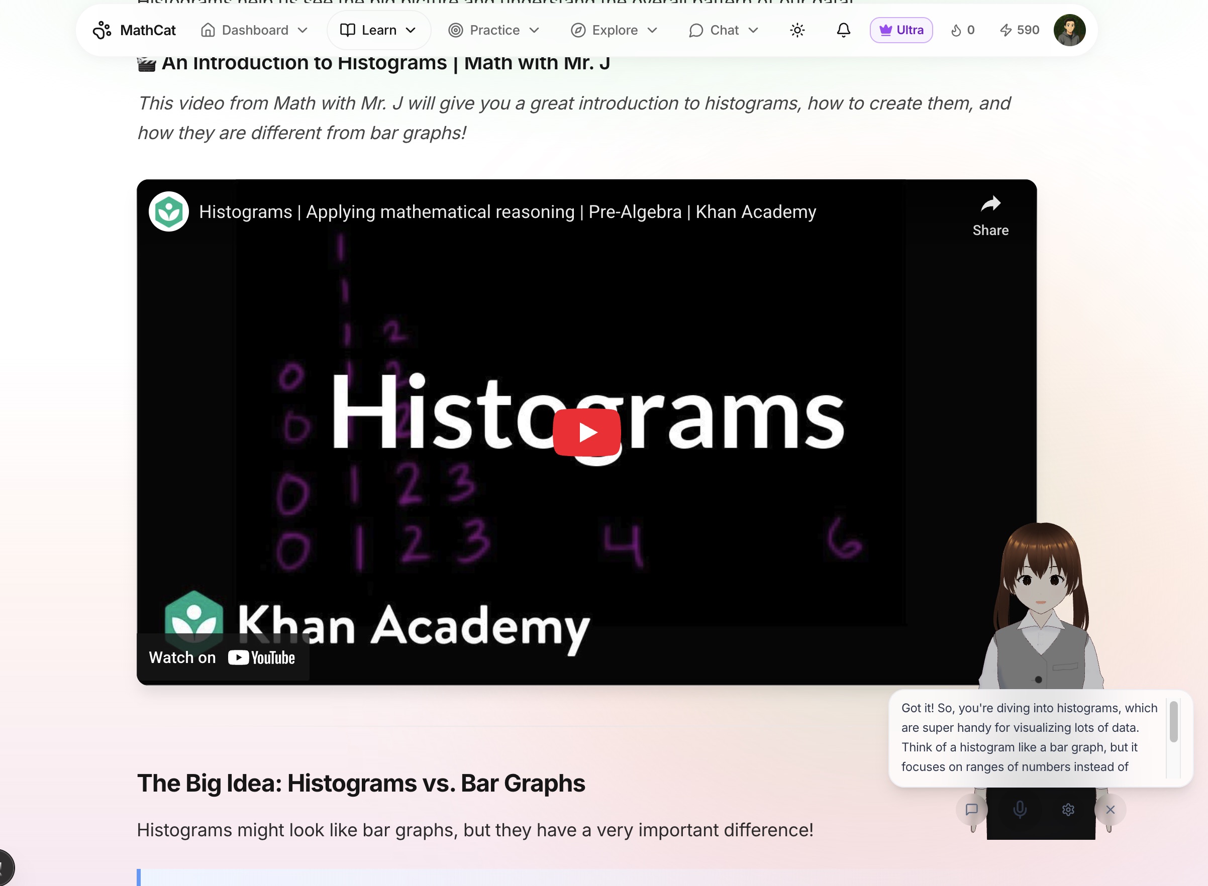 Lessons with embedded video and AI tutor